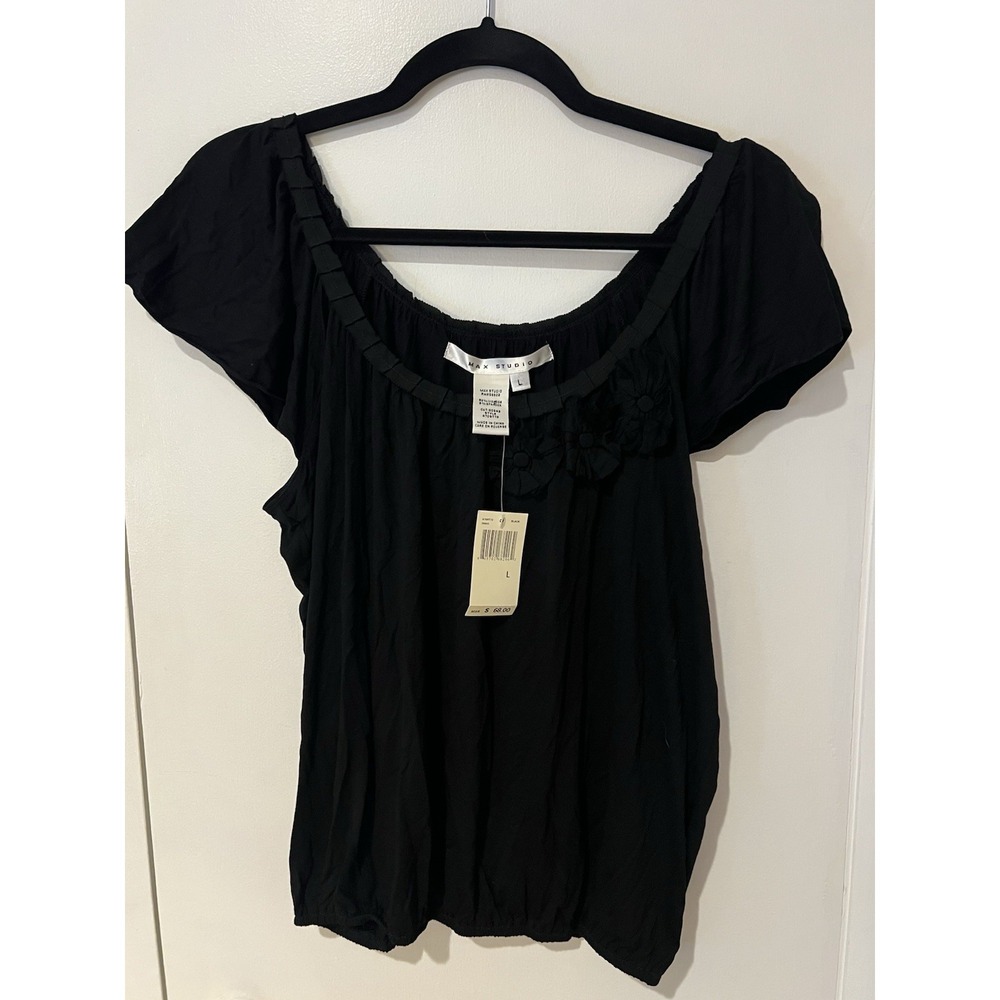 New Max Studio Knit Short Sleeve Off The Shoulder Top Black Size Large